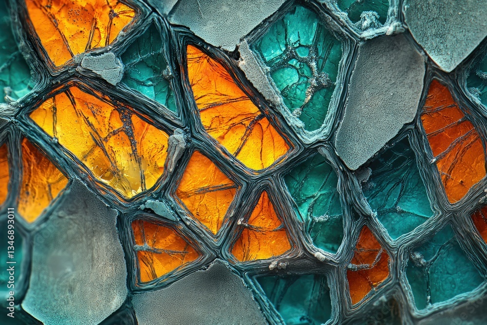 Aufkleber abstract image of vibrant orange and teal mosaic pattern with textured grey grout lines, creating a 