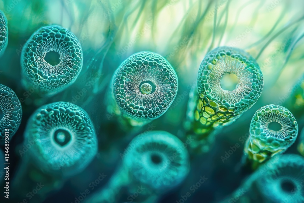Poster microscopic image of vibrant teal, spherical cells with intricate, bubble-like structures.