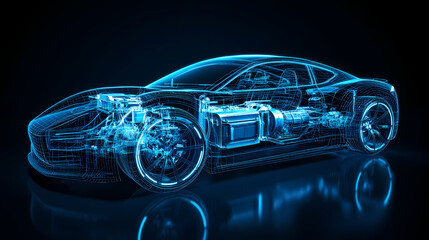 Electric Car's Blueprint: A detailed blueprint of an electric car, showcasing its cutting-edge technology with a sleek and futuristic design.