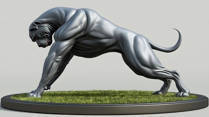 Muscular Metallic Dog Statue Depicting a Fierce Growling Expression on a Grass Base