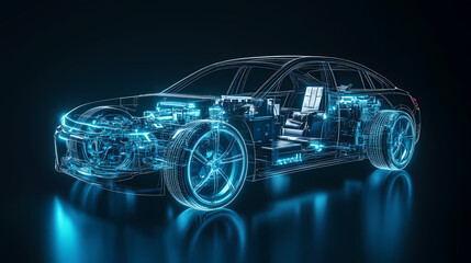 Naklejka premium Electric Car Blueprint: A futuristic vision showcases the intricate inner workings of an electric vehicle, rendered in glowing blue lines against a dark background.