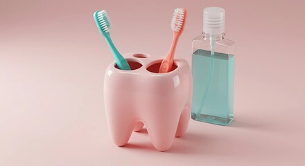 Adorable pink tooth-shaped holder with toothbrushes and mouthwash, set against a pastel pink background.