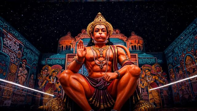Majestic statue of Hanuman seated in a vibrant temple, surrounded by intricate wall paintings at night - sankat mochan hanuman
