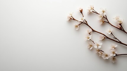 Delicate pink peach blossoms arranged artistically on a clean white surface capturing the essence of spring in a minimalist aesthetic