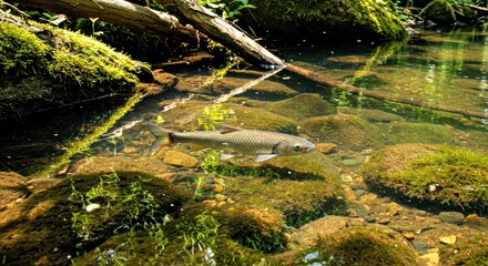 A Squalius Cephalus Hovers Just Above the Rocky Bottom of a Shaded River Pool, Its Sleek Silver Body Dappled With Shifting Sunlight Filtering Through the Overhanging Trees
