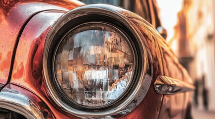 Close-up of a vintage automobile headlight showcasing detailed design and reflection on a shiny, classic car.