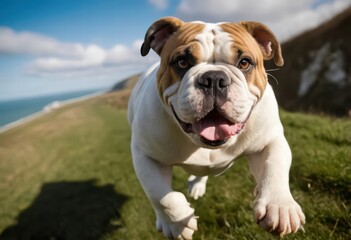 Obraz premium english bulldog running on the countryside, dog playing outdoors in the mountains, small pup in the nature