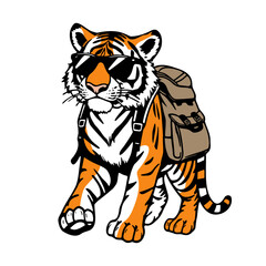 cool tiger wearing a backpack and sunglasses, travel cartoon illustration