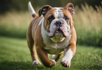 Fototapeta premium english bulldog running on green grass of a park, dog playing outdoors in the countryside, doggy in natural meadown