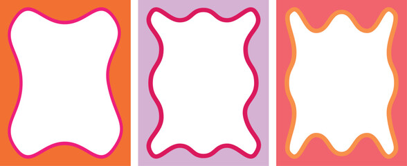 Wave scalloped edge frame, with distorted, deformed square frame, border element. Duotone flat shape. Trendy vector template for greeting card, poster, invitation, social .