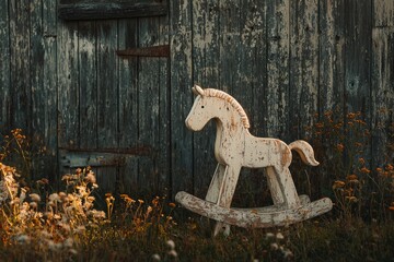 A weathered wooden rocking horse sits serenely beside a rustic barn, bathed in golden sunlight.