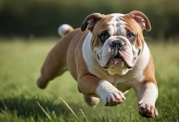Fototapeta premium english bulldog running on green grass of a park, dog playong outdoors in the countryside,