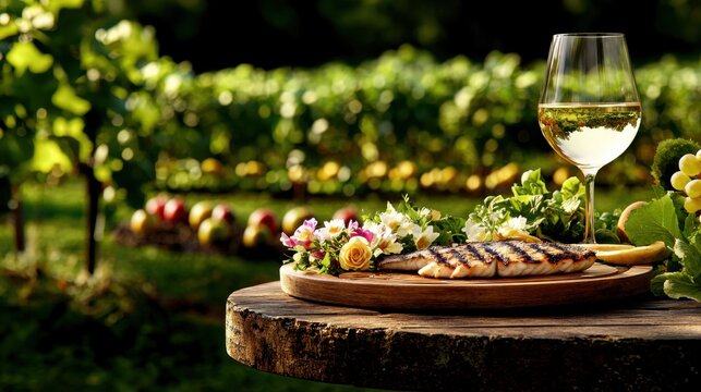 Farm to Table Dinner Setting with Fresh Flowers Concept. Elegant dining with wine and fresh produce in a vineyard setting