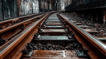 Fototapeta premium Railway Track Perspective: Detailed View of Steel Rails and Wooden Sleepers Curving into the Distance