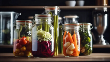 Pickled vegetables in glass jars in the kitchen. 