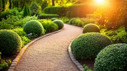 A sunlit garden walkway featuring lush spherical shrubs, leading through a beautifully designed outdoor space.