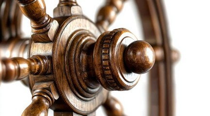 Intricate Wooden Ship's Wheel Detail with Polished Spokes and Decorative Grip