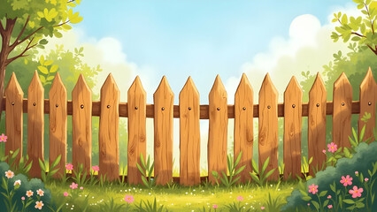 Fototapeta premium Children's Storybook Illustration Style Wooden Fence with Whimsical Proportions