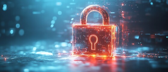 Glowing digital lock with encrypted data stream flowing around