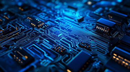 Futuristic high-tech circuit board background featuring abstract digital technology, electronic components