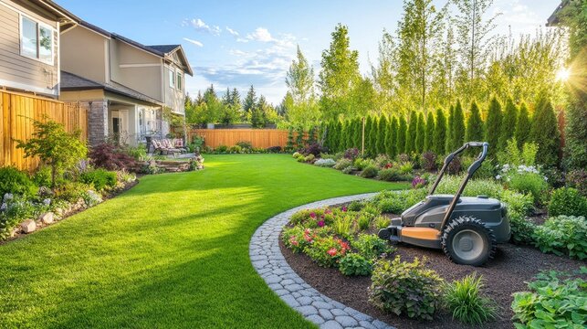 A well-maintained backyard with a neatly trimmed lawn and a lawn mower resting in the corner.