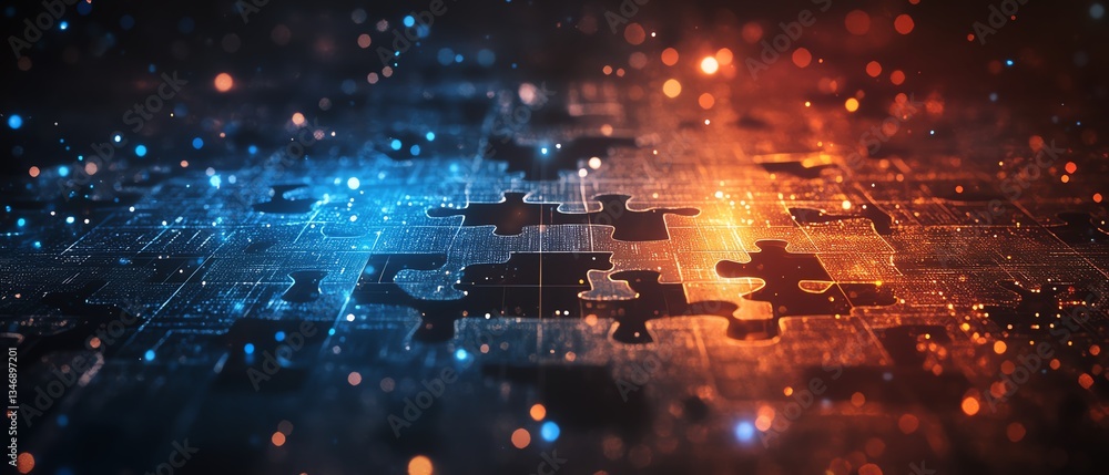 Aufkleber ai and technology integration concept, represented by interlocking puzzle pieces against a futuristi