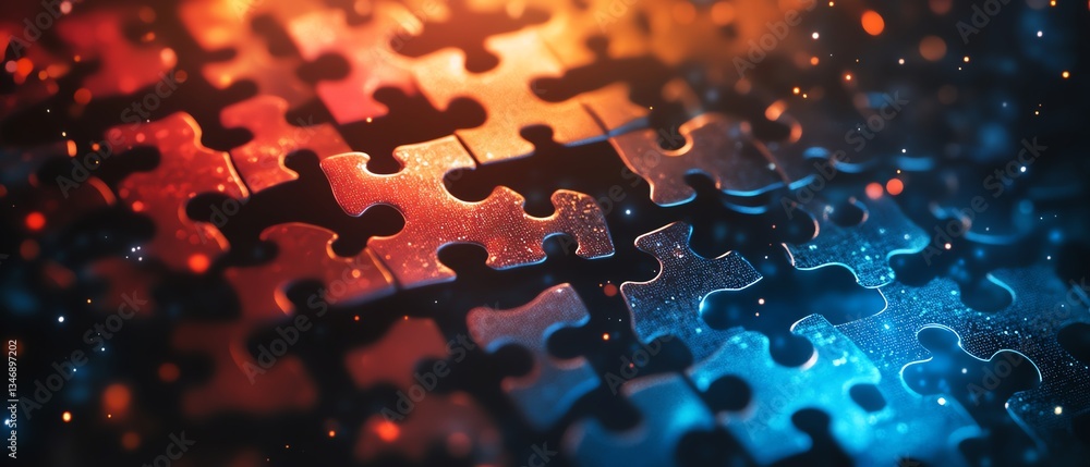 Poster ai and technology integration concept, represented by interlocking puzzle pieces against a futuristi