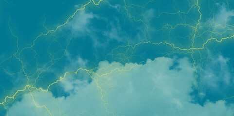 Mountainous Cumulus Clouds Boiling in the Summer Sky. White cloudiness, mist or smog overlay backgrounds. Wide sky and clouds dark tone. Dark cloud at evening sky with thunder bolt.