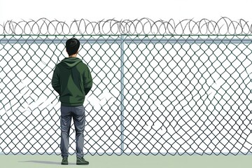 Person Staring at Barbed Wire Fence in a Somber Environment