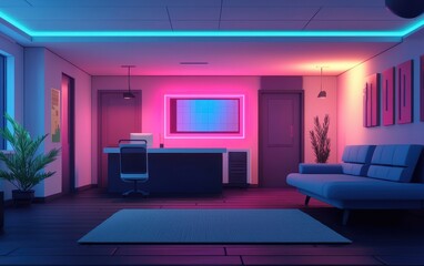 A modern room featuring vibrant neon lighting, sleek furniture, and a minimalist design, creating a stylish and inviting atmosphere.