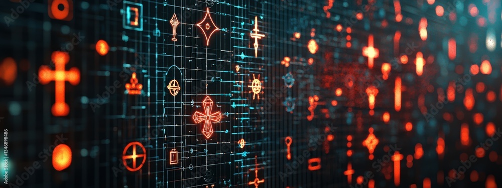 Poster a dynamic display of glowing symbols representing global commerce