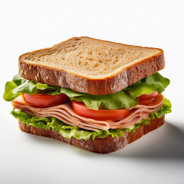 un sanwich pant integral saludable con lechuga, queso y tomate, sobre fondo blanco, mockup