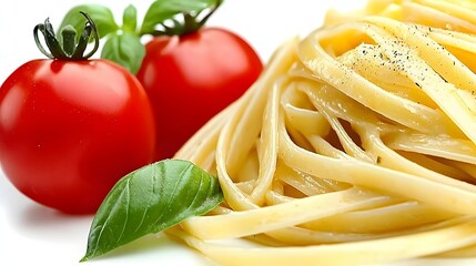 Fresh Pasta with Ripe Tomatoes and Basil Leaves on a White Background for Culinary Presentation