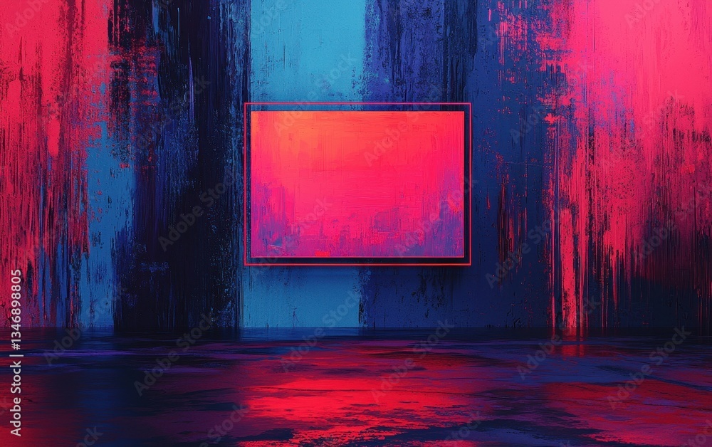 Poster a vibrant abstract painting stands against a backdrop of colorful walls, creating a striking visual 