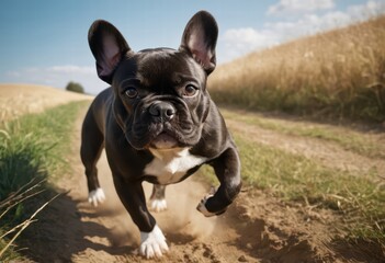 Fototapeta premium french bulldog running on the countryside, dog playing outdoors in the wild meadown