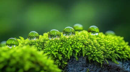Close-up of water droplets on lush green moss.