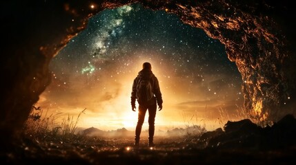 Obraz premium Traveler at the Edge of a Glowing Alien Planet in Deep Space