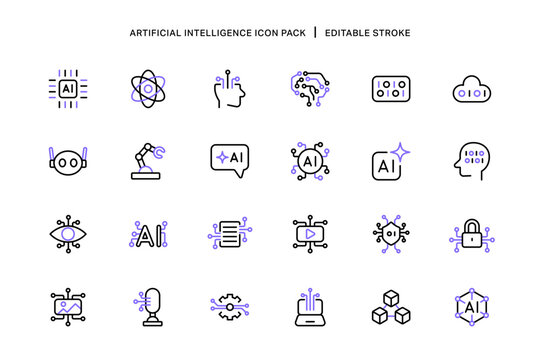 Two Color Artificial Intelligence Outline Stroke Icon Set Tech App Semiconductor Machine Learning Automation Assistant Data Analysis AI Generate Assistant Innovation and Digital Transformation Project