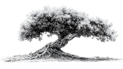 Fototapeta premium Majestic Twisted Tree Silhouette Stands Alone in Serene Monochrome Landscape
