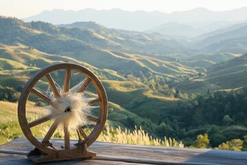 Fototapeta premium Wooden spinning wheel with fluffy fiber sits on a wooden surface overlooking a vast, rolling green mountain landscape.