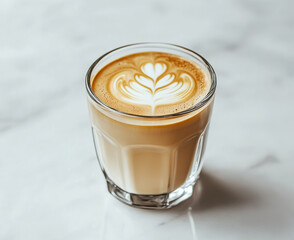 Photograph of a double-walled glass cup with a latte coffee on a white marble table, against a white background.