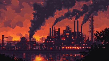 Obraz premium Industrial city spews smoke at sunset