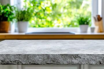 Light Grey Flat Surface with Natural Background and Green Plants in Bright Indoor Environment