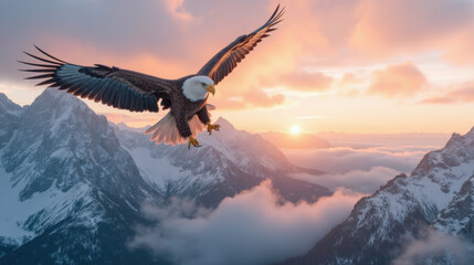 Naklejka premium Majestic eagle soaring over mountains at sunset, capturing nature beauty
