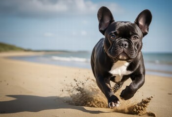 Fototapeta premium french bulldog running on the sand of a beach, dog playing outdoors on the shores near the oacen
