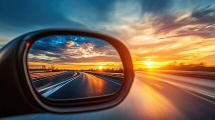 Side mirror view of a breathtaking sunset, captured during an evening drive through a peaceful highway.