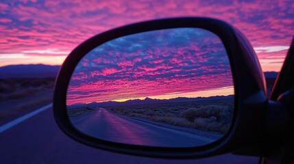 Side mirror view of a breathtaking sunset, captured during an evening drive through a peaceful highway.