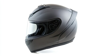 Fototapeta premium Sleek new modern motorcycle helmet isolated on a white background, showcasing its aerodynamic design and high-tech features.