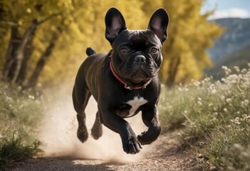 Fototapeta premium french bulldog running on the countryside, dog playing outdoors in the wild meadown