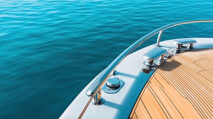 close-up view of polished yacht details with sleek wooden deck and gleaming stainless steel fixtures afloat on tranquil